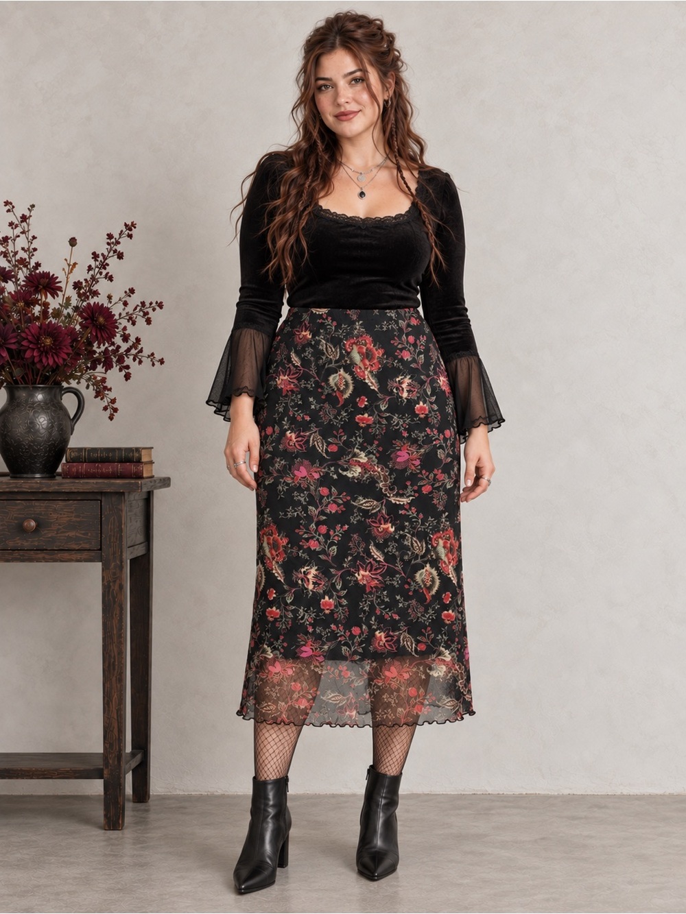 Vintage Y2K Black Floral Mesh Column Midi Skirt Whimsigoth XL